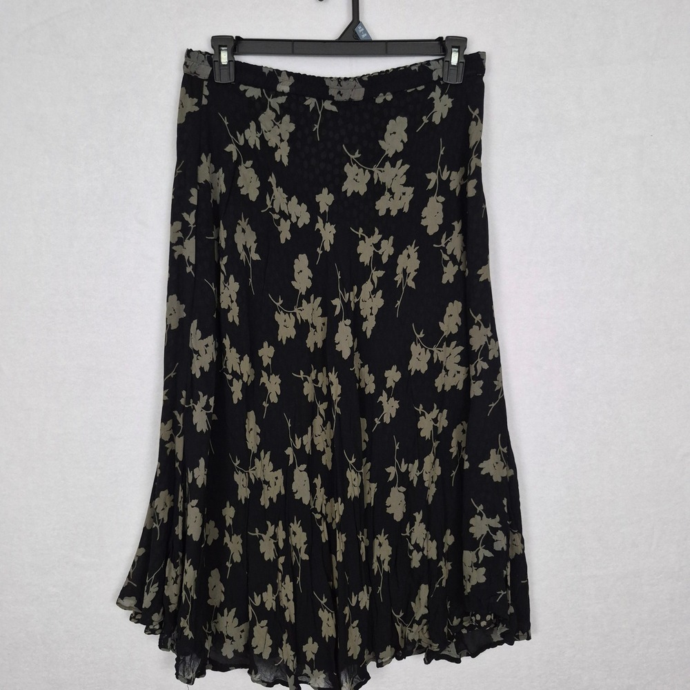 Reversible Floral and Polka Dot Midi Skirt Black Gray Elastic Waist XL Flared.